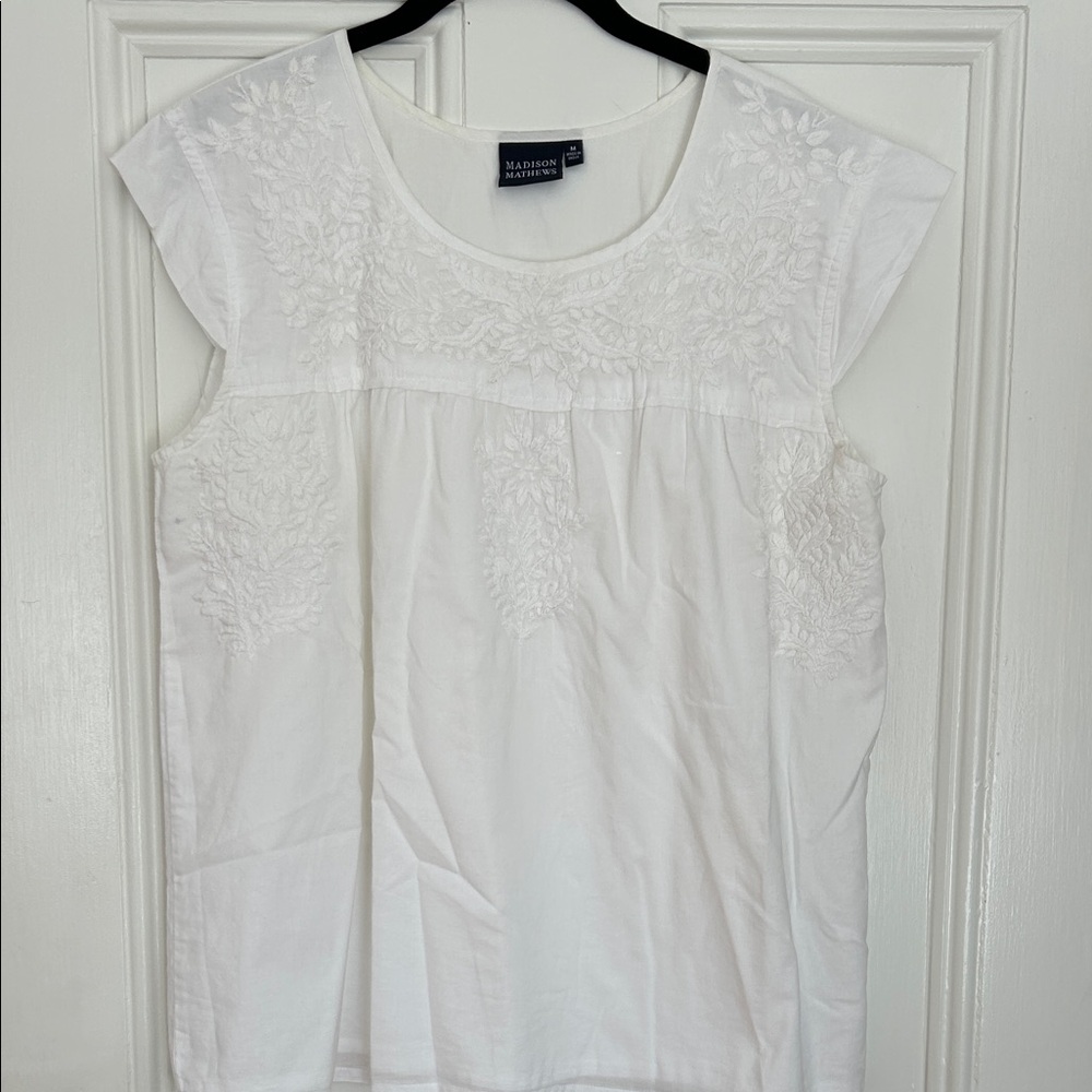 Madison Mathew’s White Floral Embroidered Cotton Blouse